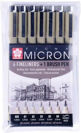 ����� ����������� ����� Pigma Micron 6�� (0.2�� 025�� 0.3�� 0.35�� 0.45�� 0.5��) ������ + brush